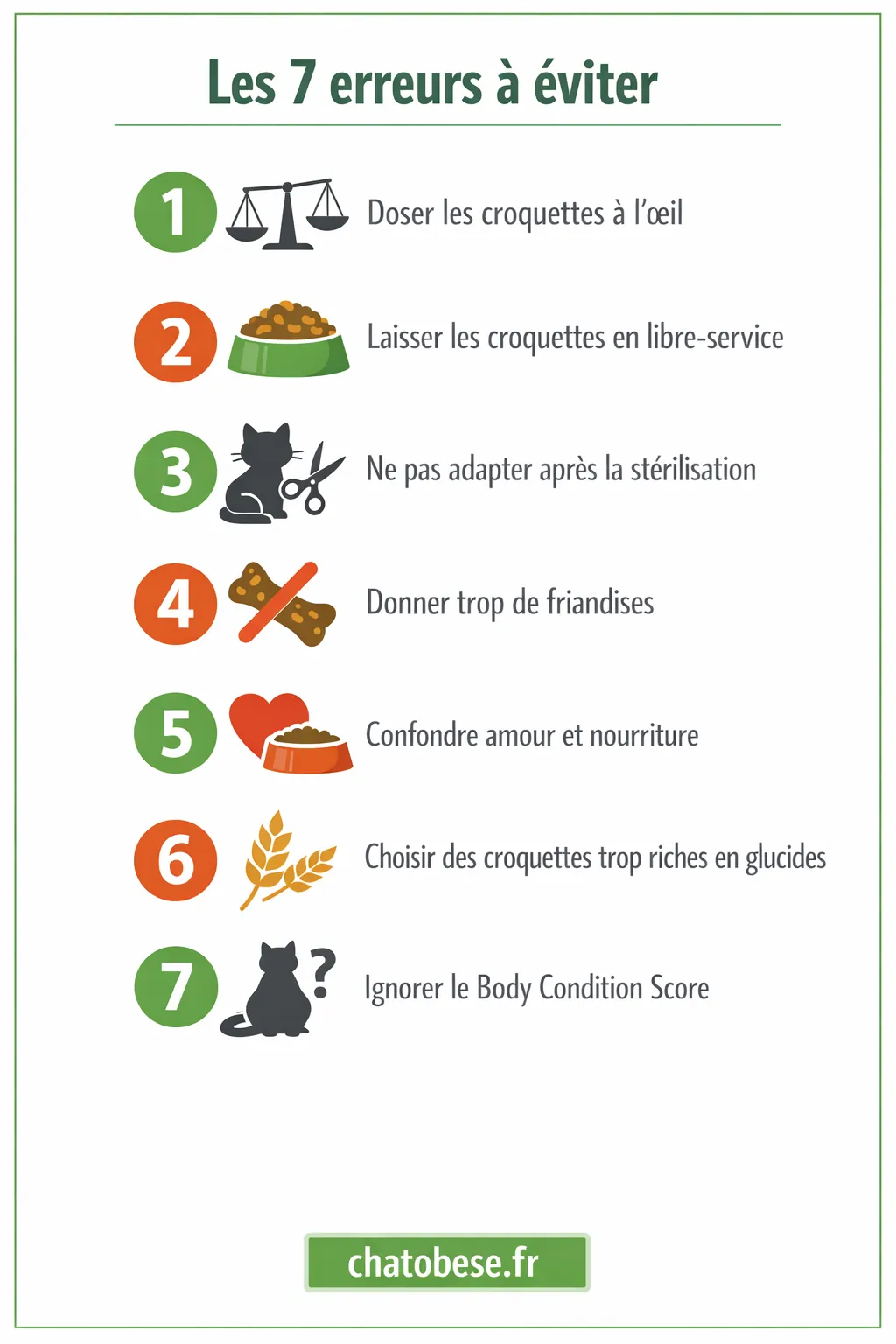 Infographie des 7 erreurs alimentaires les plus courantes à éviter pour prévenir l'obésité du chat