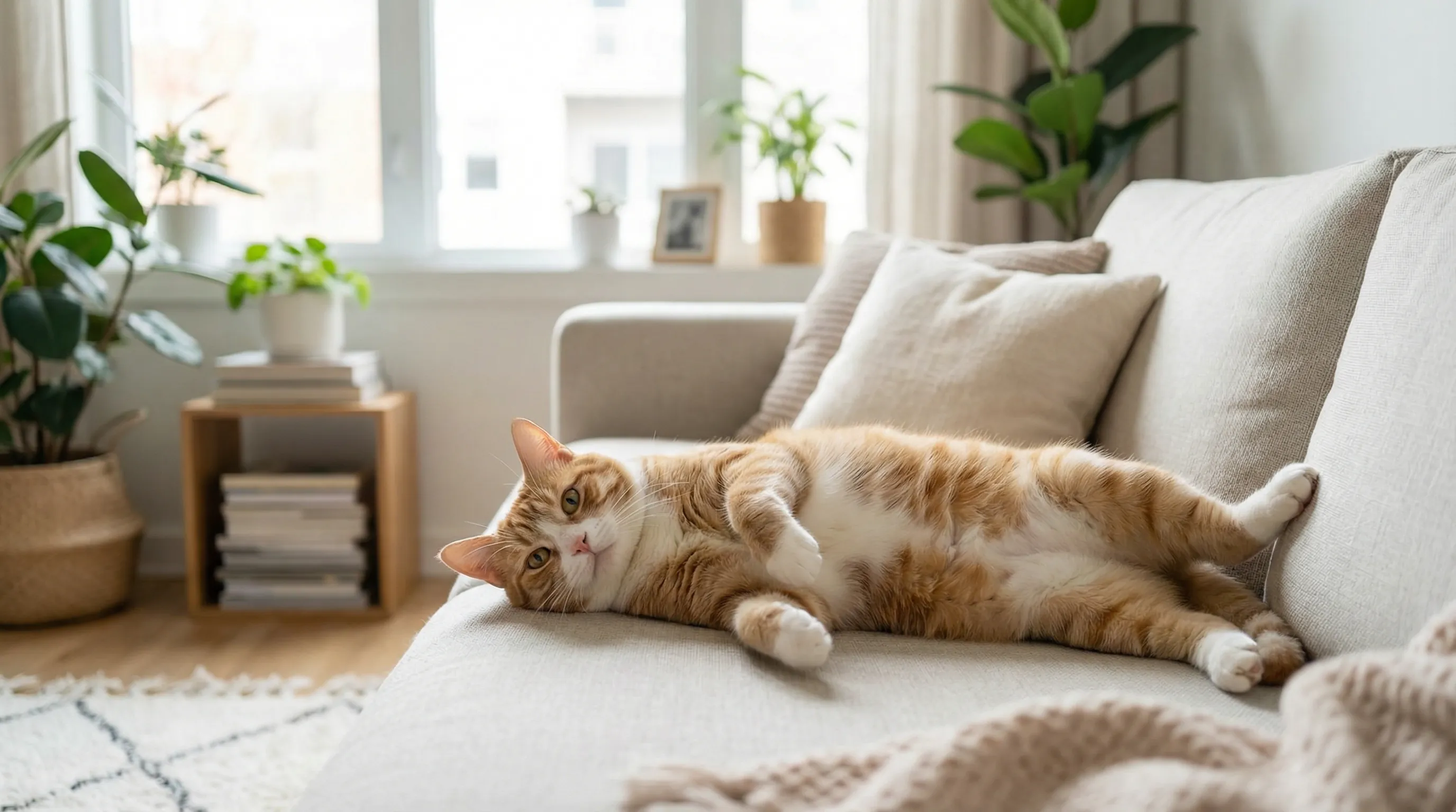 Chat d'intérieur confortable sur un canapé lumineux