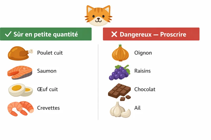 Infographie deux colonnes comparant les aliments humains sûrs pour le chat (poulet, saumon, œuf) et les aliments dangereux à proscrire (oignon, raisins, chocolat)