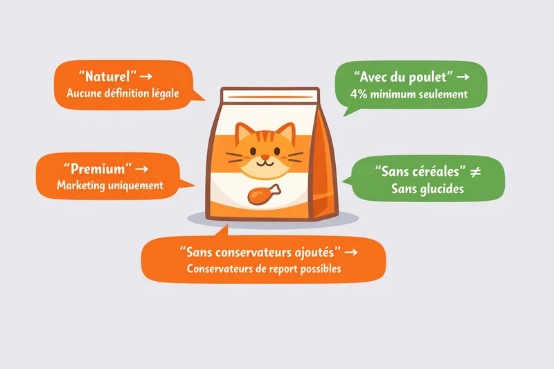 Infographie décryptant les allégations marketing sur les emballages de croquettes pour chat