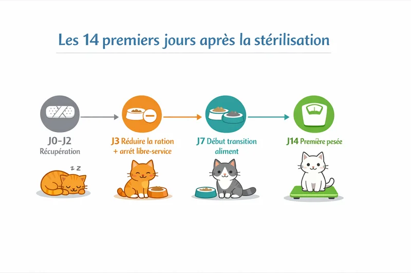 Calendrier infographique des 14 premiers jours après la stérilisation du chat avec les étapes alimentaires clés colorées : récupération J0-J2, réduction de ration à J3, début transition alimentaire à J7, pesées à J14 et J28