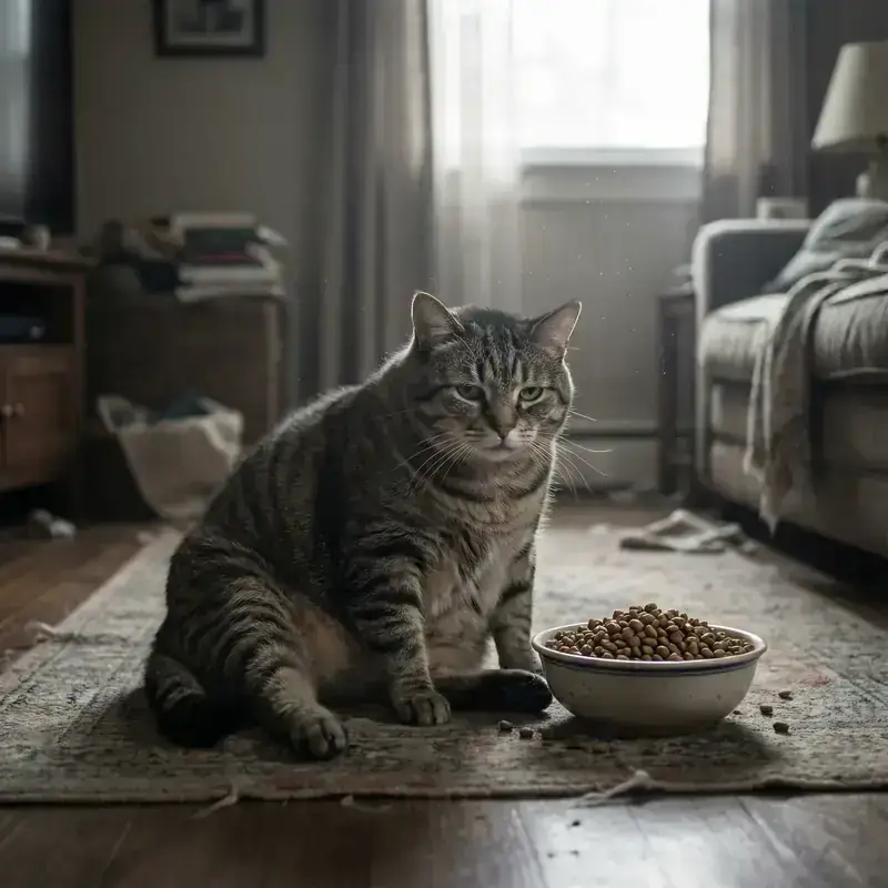 Une gamelle de croquettes toujours pleine à côté d’un chat qui semble s’ennuyer