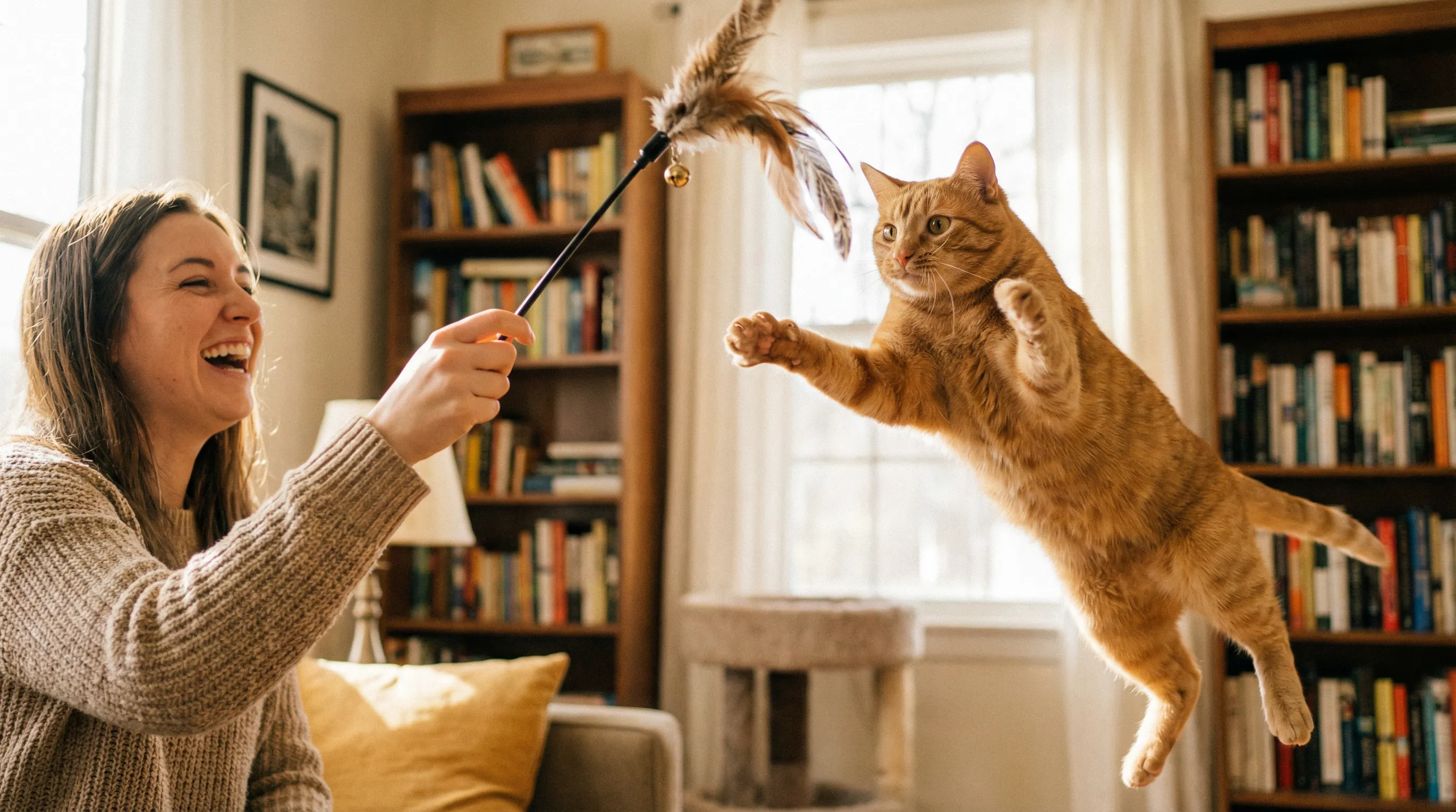 Chat stérilisé jouant activement avec un plumeau
