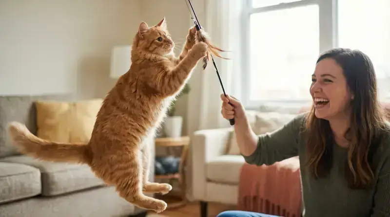 Un propriétaire jouant avec un chat avec une canne à pêche, le chat saute et est actif