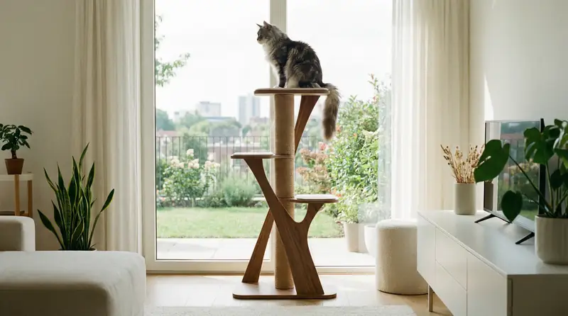 Un chat perché en haut d'un arbre à chat, observant l'extérieur.