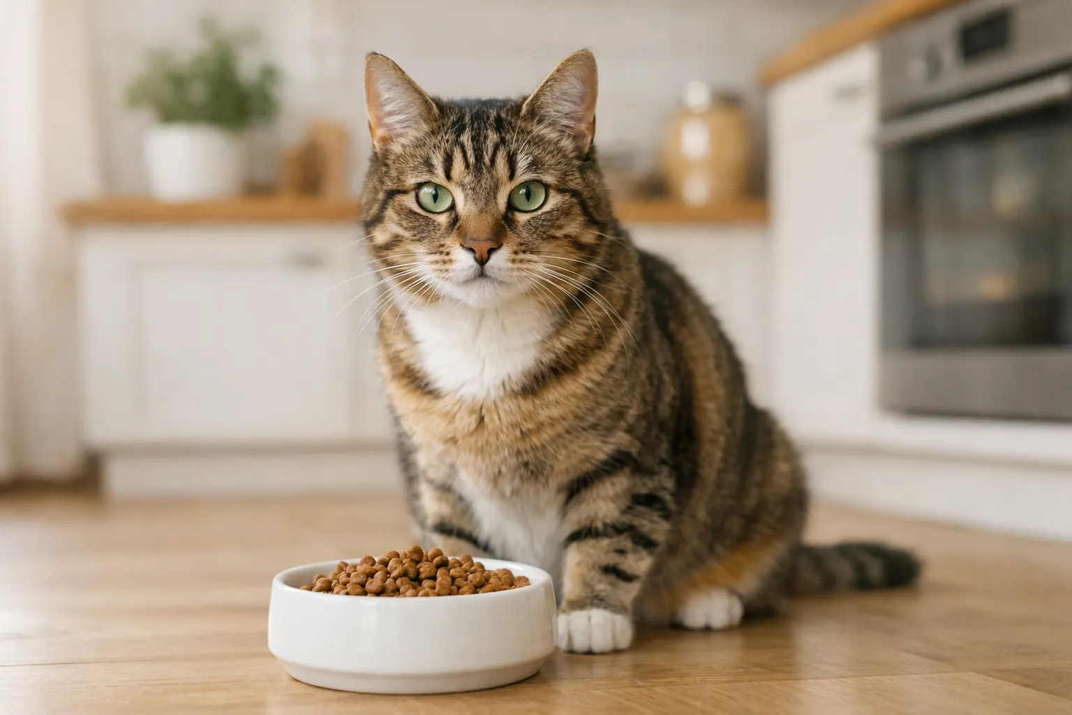 Chat en bonne santé au pelage brillant assis devant son bol de nourriture dans une cuisine lumineuse