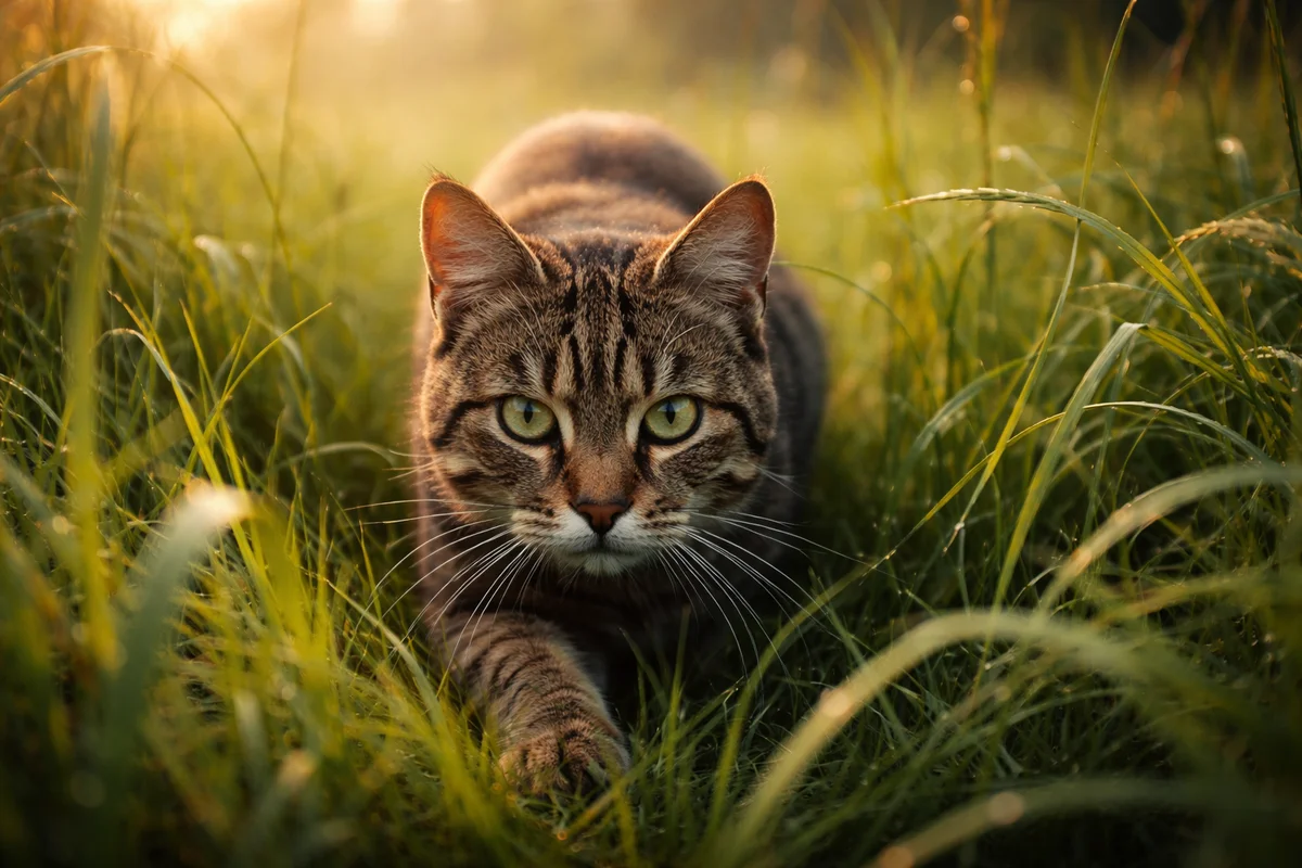 Chat tigré en position de chasse dans l'herbe haute, regard concentré, lumière matinale — illustre le comportement alimentaire instinctif du chat
