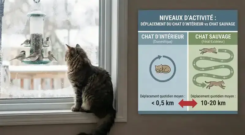 Infographie comparant les niveaux d'activité d'un chat d'intérieur vs un chat sauvage