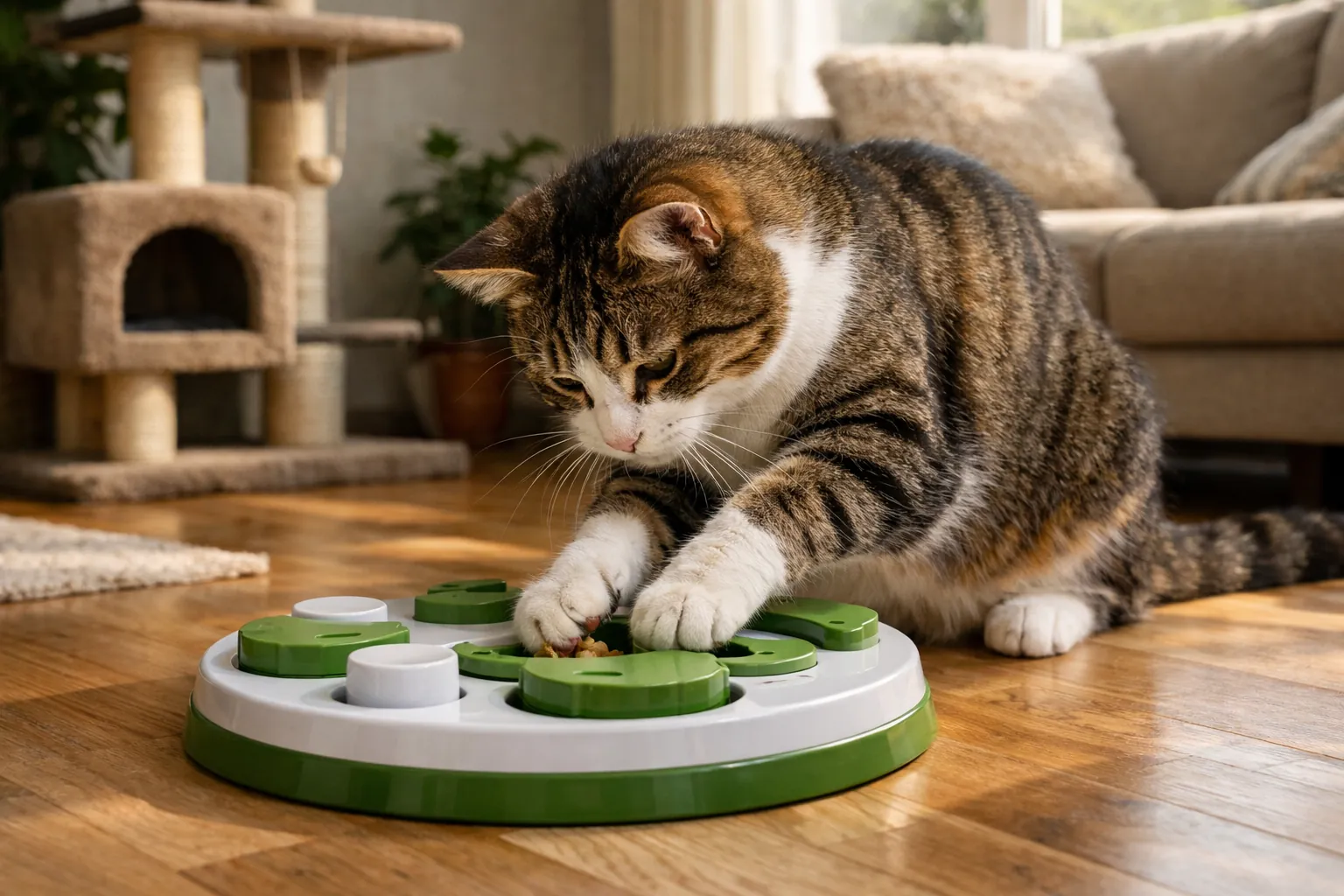 Chat d'intérieur utilisant une gamelle puzzle interactive pour manger ses croquettes tout en s'amusant