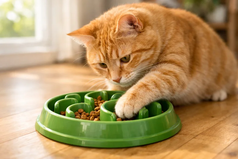 Chat roux jouant avec une gamelle puzzle slow feeder remplie de quelques croquettes
