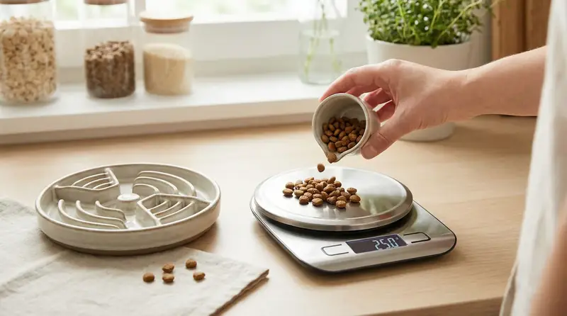 Un chat assis sagement à côté de sa gamelle vide, regardant son propriétaire avec une expression attendrissante mais insistance.