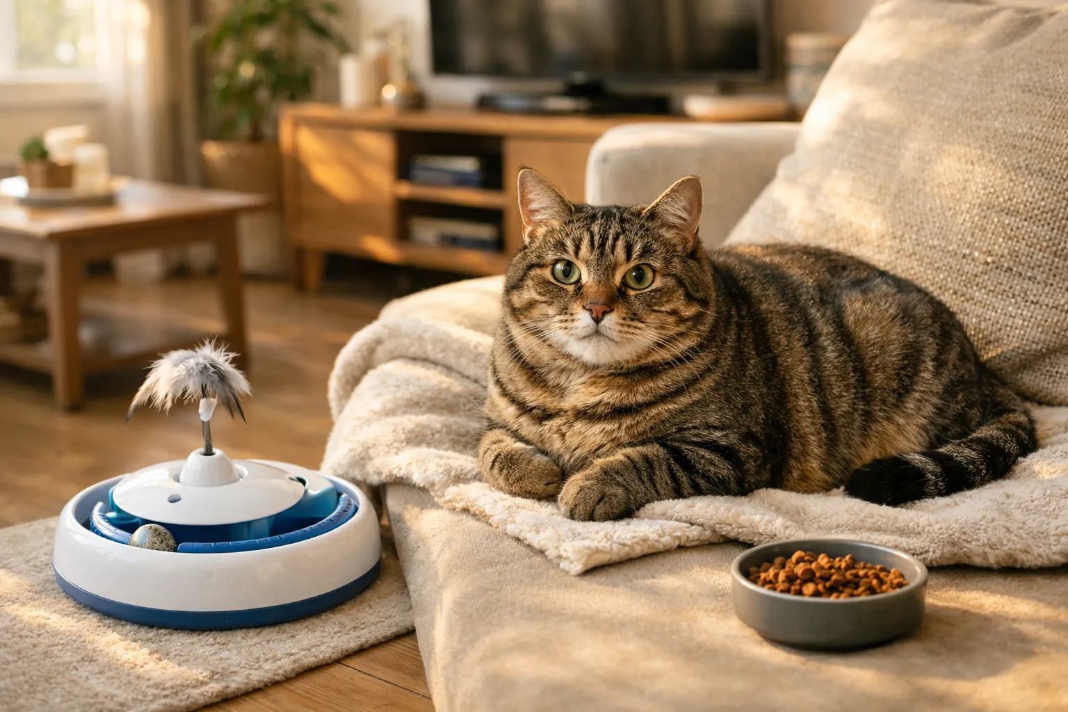 Chat stérilisé calme et en bonne santé se reposant sur un canapé, illustrant l'importance d'une alimentation adaptée après l'opération