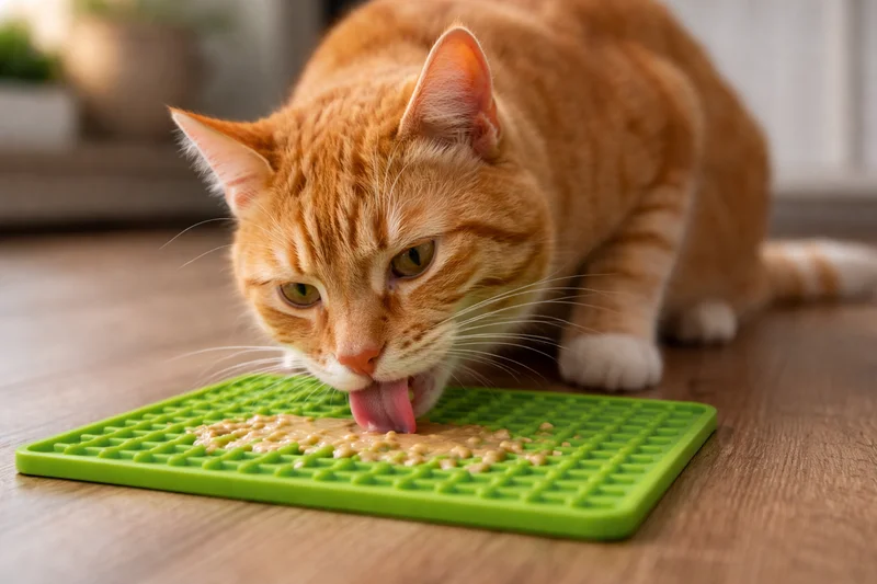 Chat roux concentré qui lèche un tapis de léchage en silicone vert sur lequel est étalée une friandise en pâtée — illustre l'utilisation enrichissante des friandises via le tapis de léchage
