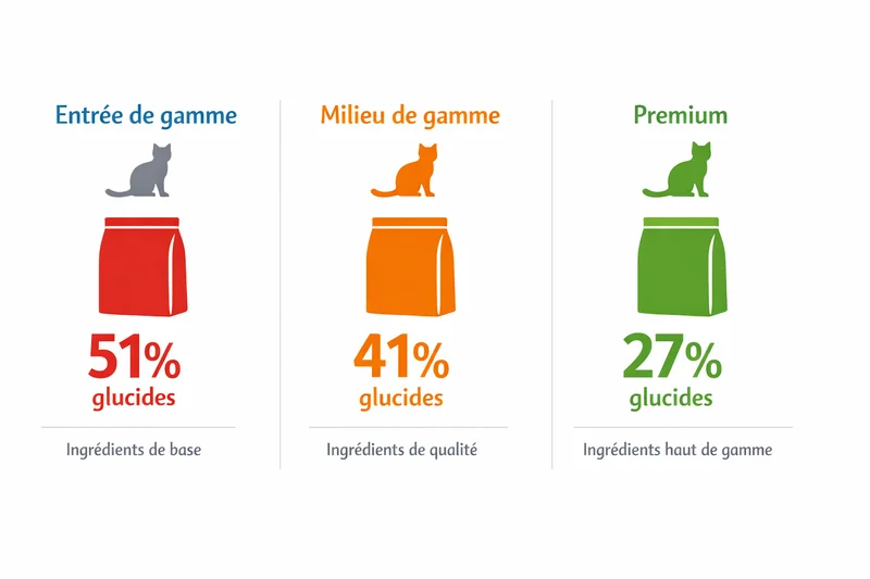 Infographie comparant le taux de glucides calculé sur matière sèche de trois profils de croquettes pour chat