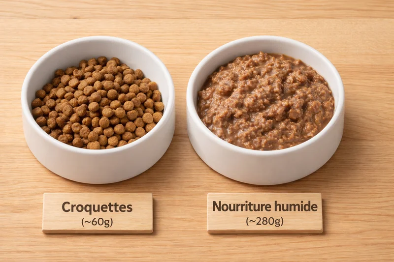 Vue du dessus montrant côté à côté une gamelle de croquettes et une gamelle de pâtée humide pour chat