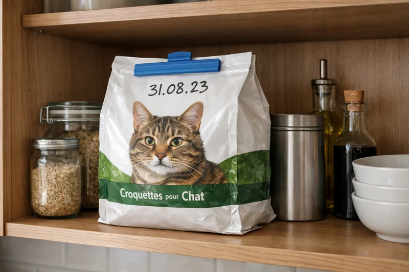 Sac de croquettes pour chat fermé hermétiquement avec un clip, rangé dans un placard propre et frais