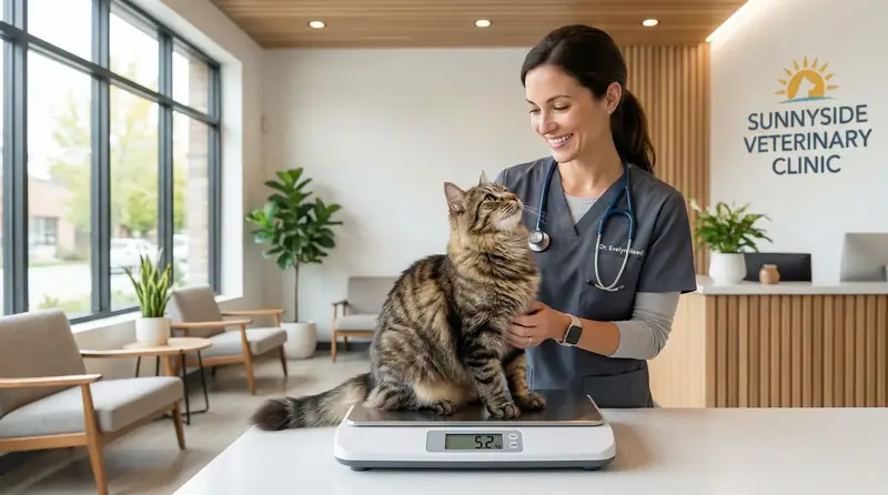 Une scène en cabinet vétérinaire : le vétérinaire montre une courbe de poids sur un écran à une propriétaire attentive, près de son chat.