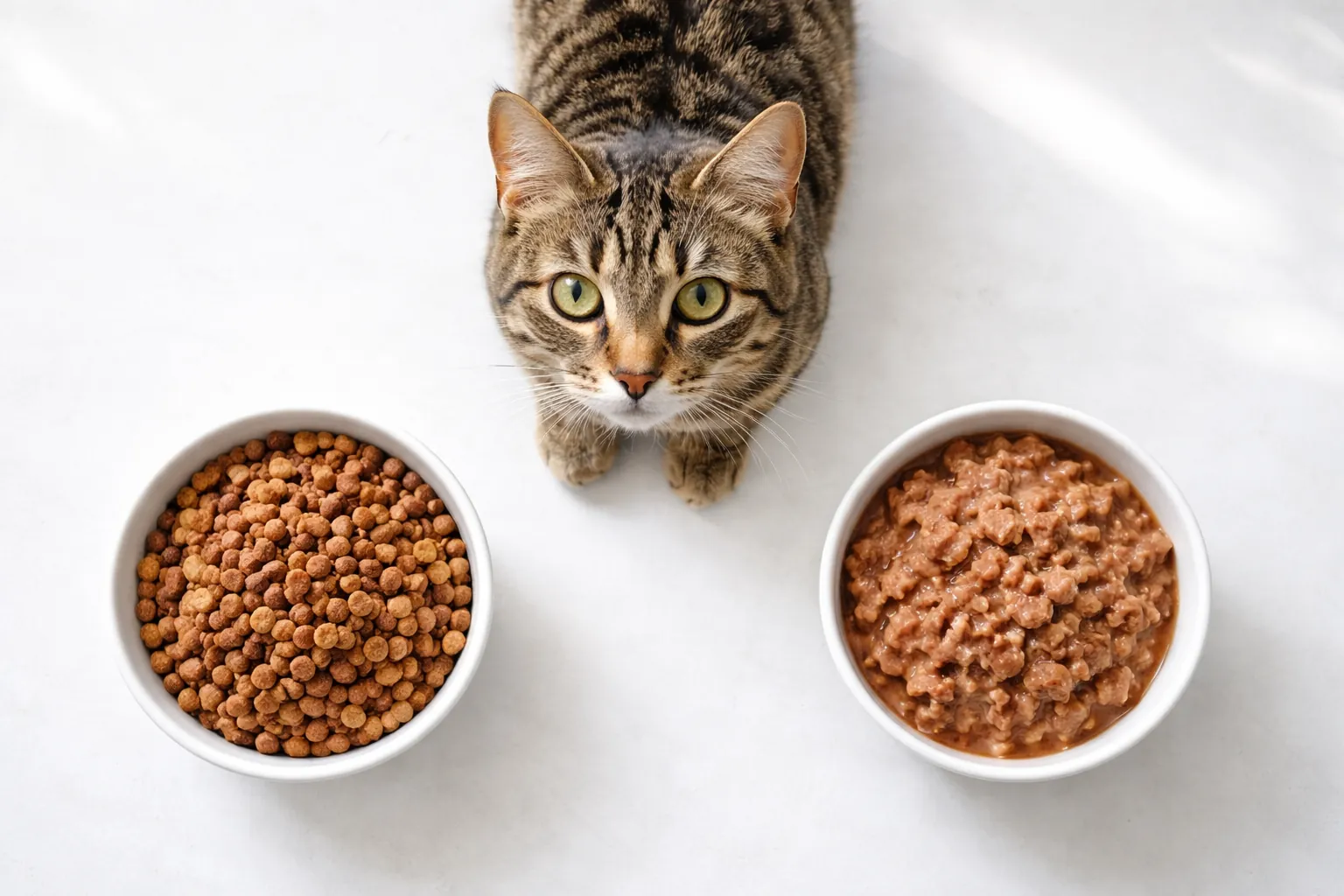 Comparaison visuelle entre un bol de croquettes sèches et un bol de pâtée humide pour chat
