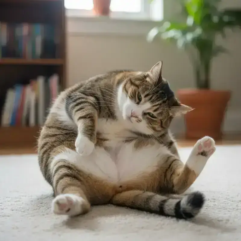 Chat obèse ayant des difficultés à faire sa toilette