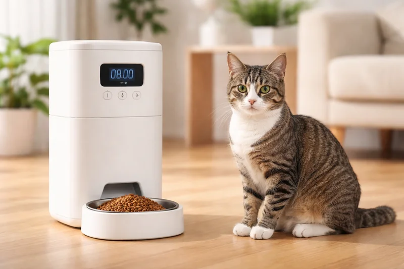 Distributeur automatique de croquettes pour chat moderne avec écran LCD programmé, posé sur un parquet en bois clair, chat calme assis devant dans une attente sereine
