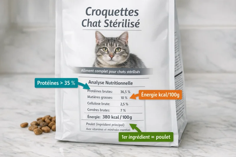 Zoom pédagogique sur une étiquette fictive de croquettes pour chat stérilisé avec des annotations colorées indiquant les éléments clés : taux de protéines, densité calorique, premier ingrédient et taux de fibres