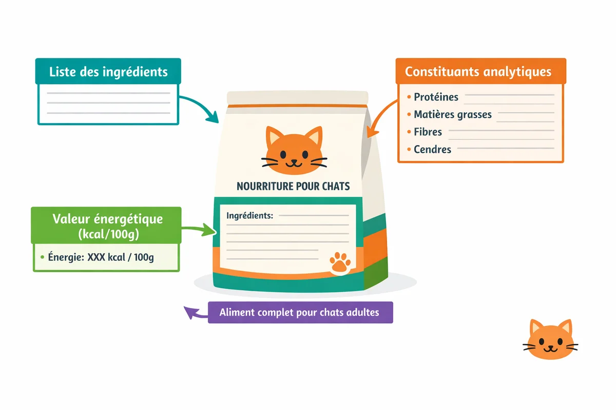Schéma annoté d'une étiquette complète de croquettes pour chat avec les zones obligatoires encadrées en couleur