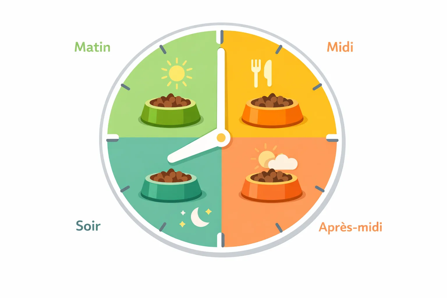 Illustration d'une horloge montrant le fractionnement idéal des repas d'un chat sur 24 heures : matin, midi, après-midi et soir