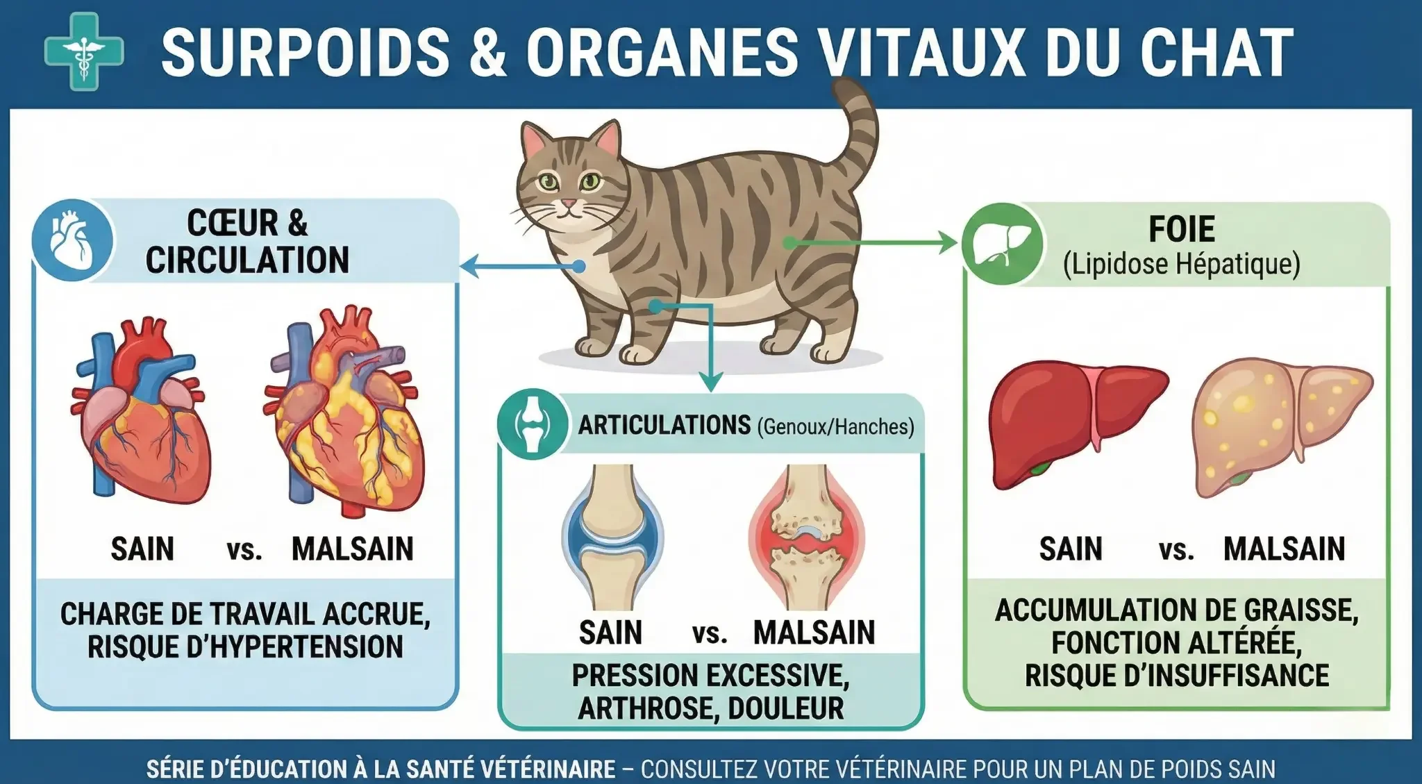 Infographie médicale - Impact de l'obésité sur les organes vitaux du chat