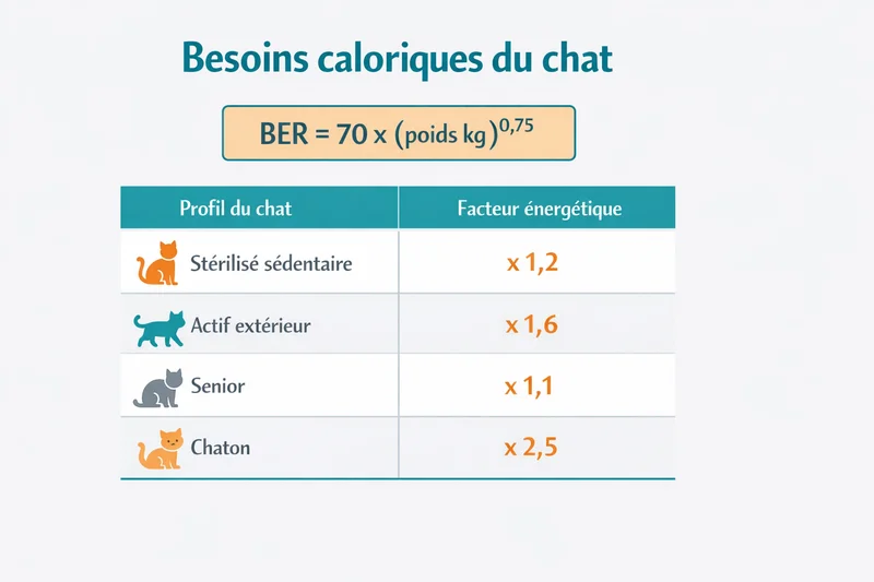 Infographie sur le calcul des besoins caloriques du chat montrant la formule du BER et les facteurs multiplicateurs