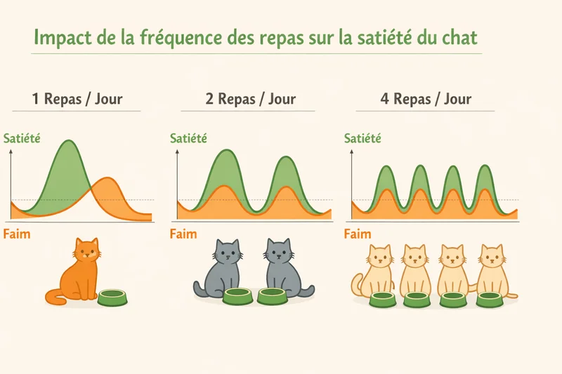 Infographie comparant trois schémas de fréquence alimentaire chez le chat : 1 repas/j avec pic de faim, 2 repas équilibrés, 4 repas avec courbe de satiété stable