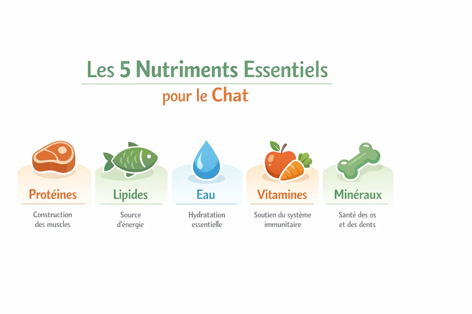 Infographie présentant les 5 nutriments essentiels pour le chat : protéines, lipides, eau, vitamines et minéraux