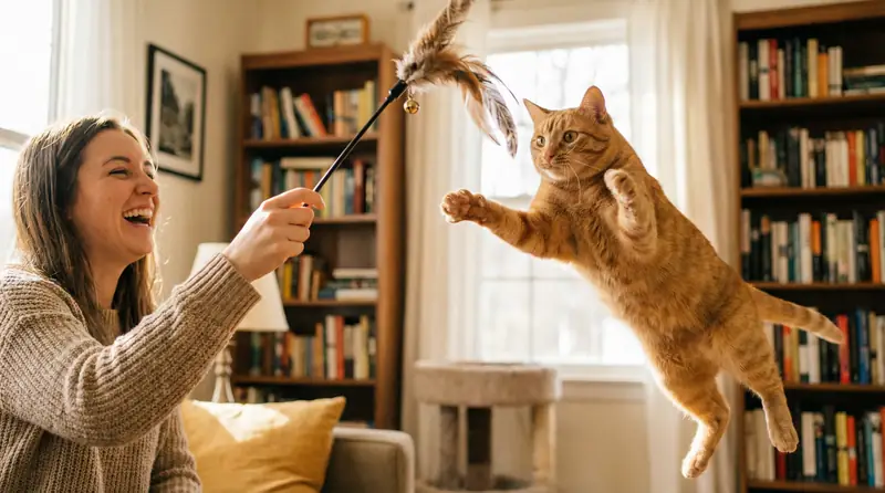 Chat stérilisé jouant activement avec un plumeau