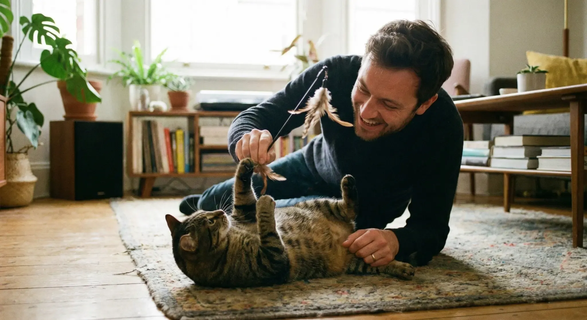 Propriétaire jouant doucement au sol avec son chat un peu rond à l'aide d'un plumeau
