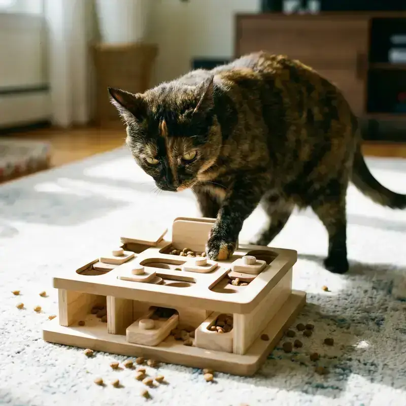 Un chat utilisant un distributeur de croquettes-puzzles pour faire tomber sa nourriture