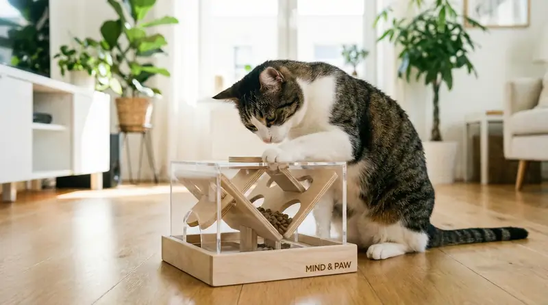 Une gamelle puzzle avec un chat concentré essayant d'en extraire ses croquettes.