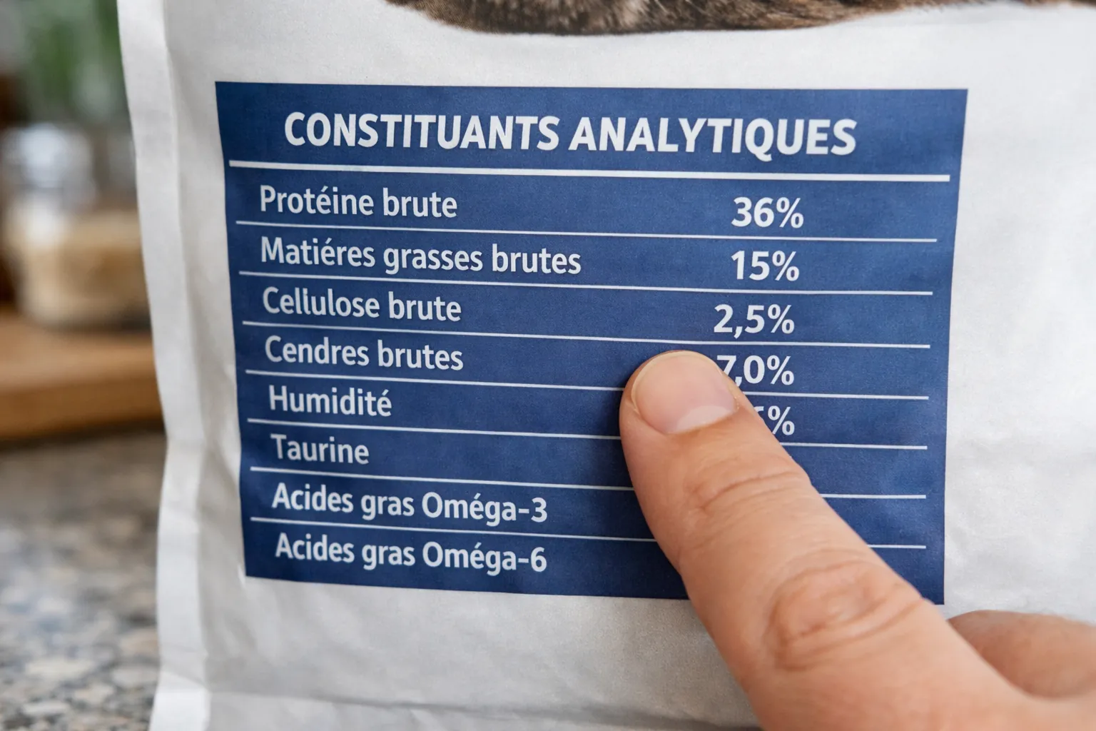 Gros plan sur l'étiquette nutritionnelle d'un sac de croquettes pour chat montrant les constituants analytiques