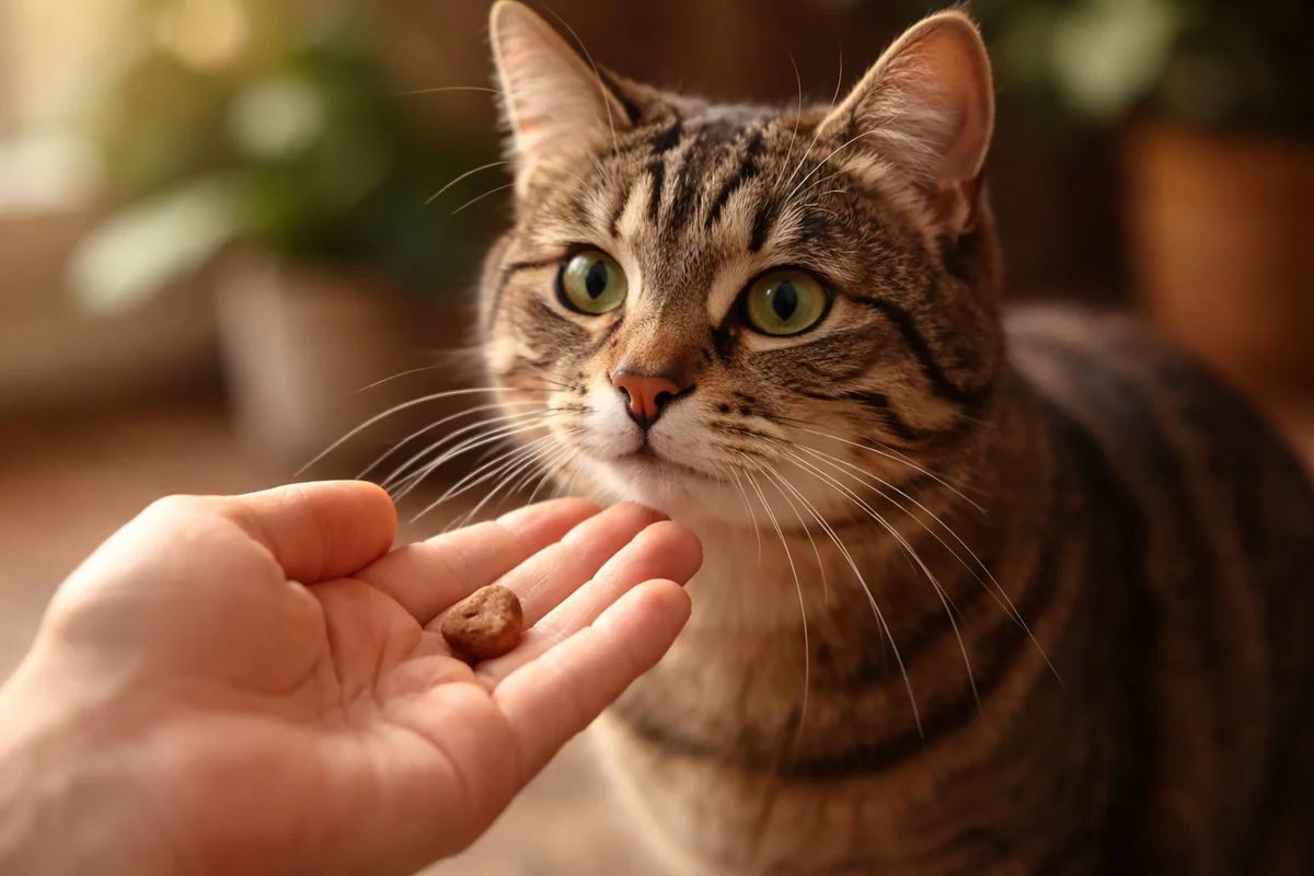 Main ouverte offrant une petite friandise à un chat attentif aux yeux vifs, gros plan expressif sur l'interaction, lumière naturelle chaude