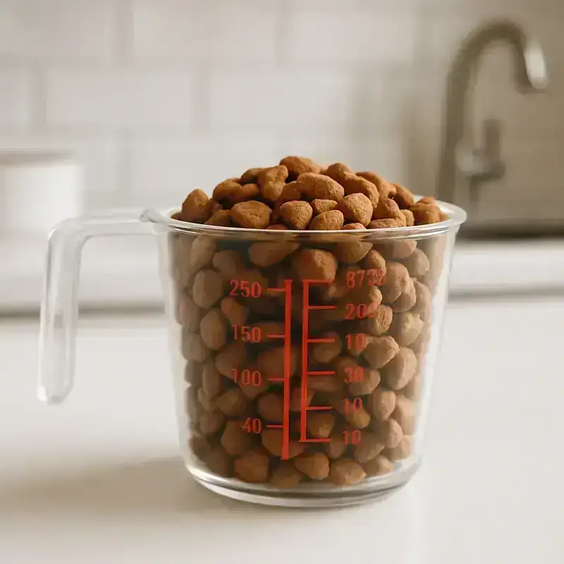 Une main utilisant une balance numérique pour peser précisément la ration de croquettes du chat.