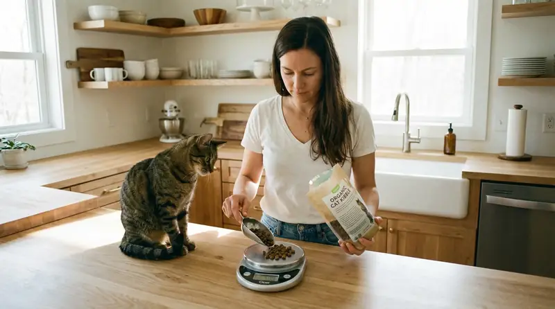 Propriétaire mesurant précisément les croquettes de son chat