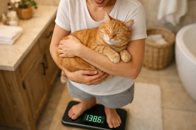 Personne souriante pesant un chat roux dans ses bras sur une balance de salle de bain pour surveiller son poids après la stérilisation — illustre la méthode simple de pesée mensuelle recommandée