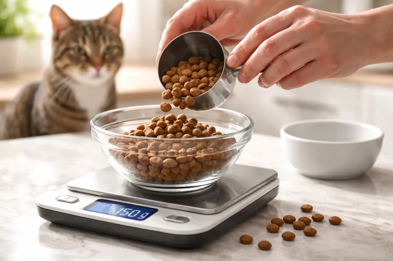 Mains d'une personne pesant avec précision des croquettes pour chat sur une petite balance de cuisine numérique