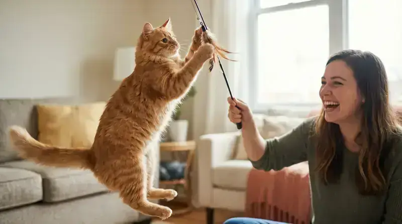 Un propriétaire jouant avec un chat avec une canne à pêche, le chat saute et est actif