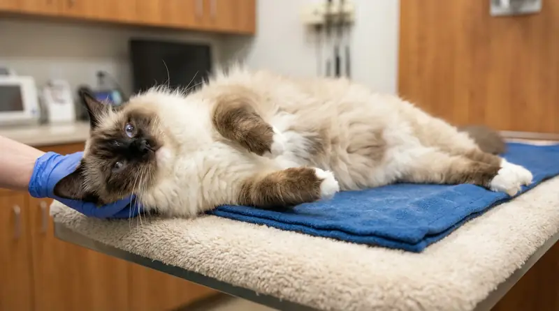 Un Ragdoll colourpoint étalé sur le dos dans une position typiquement détendue