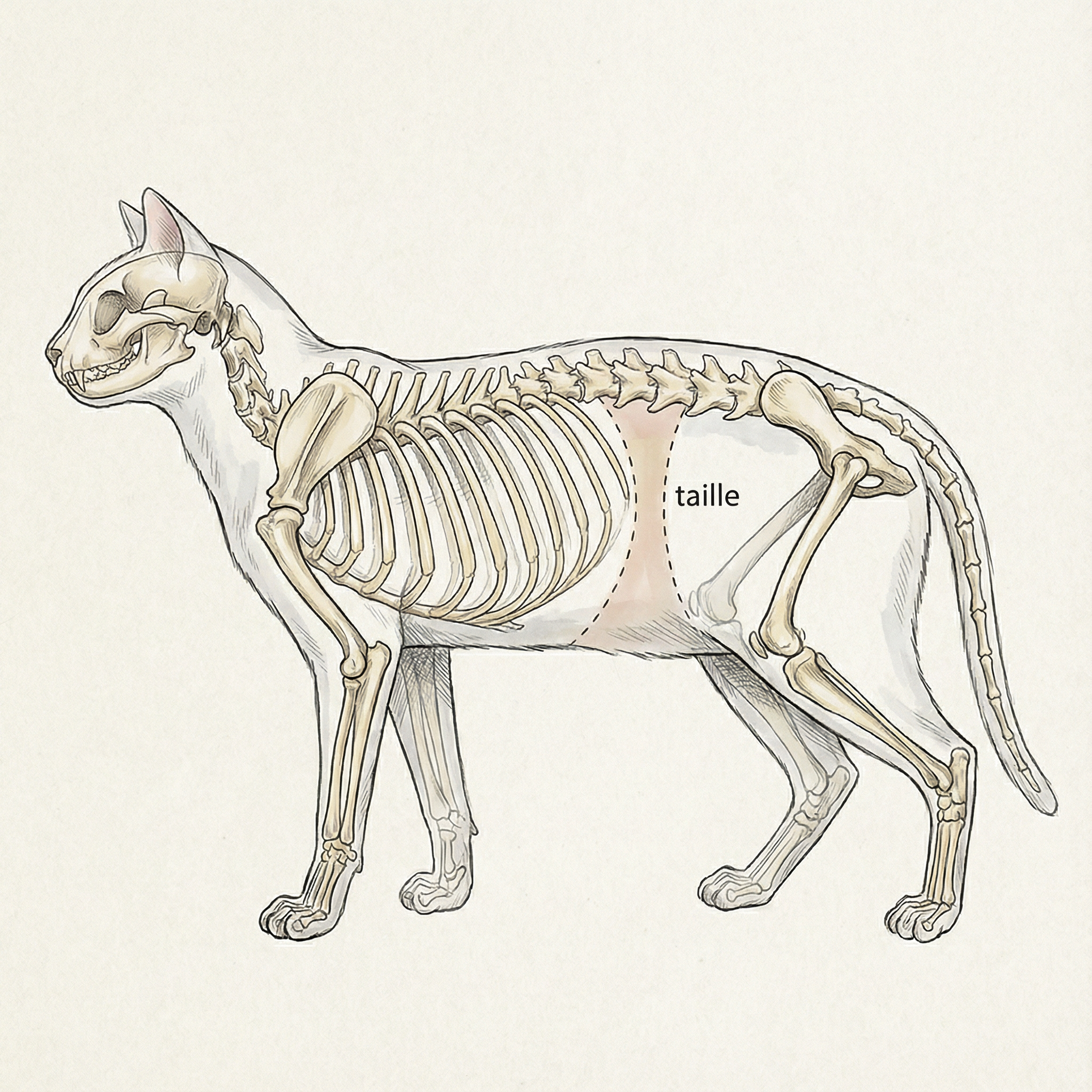 Schéma anatomique montrant où sentir les côtes chez un chat