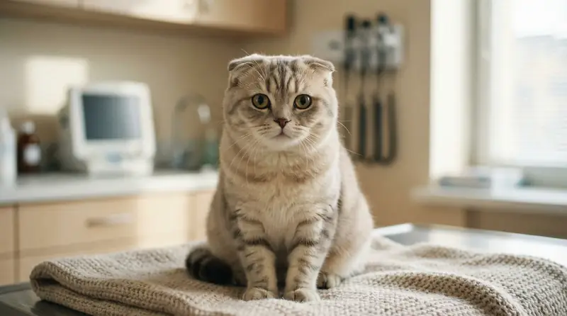 Un Scottish Fold assis, montrant ses oreilles pliées caractéristiques