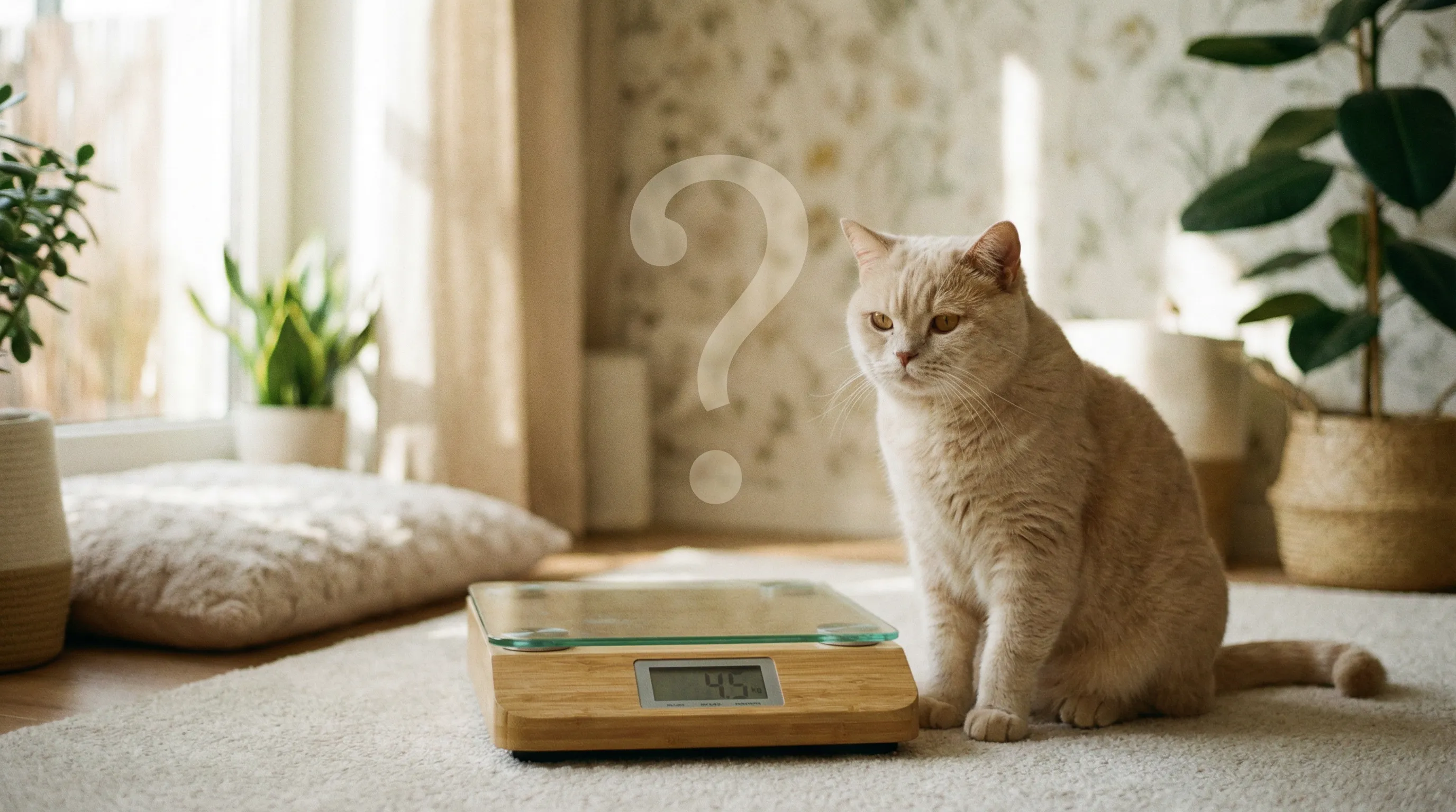 Chat stérilisé serein à côté d'une balance